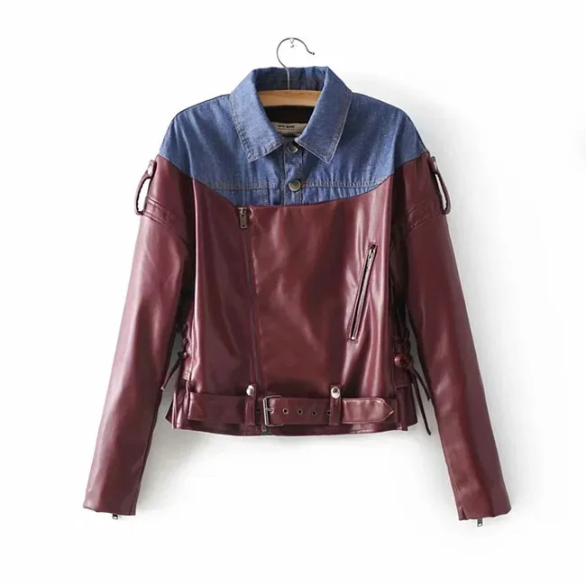 Джинсовые Лоскутные женские Куртки из искусственной кожи, осень, уличные однотонные облегающие Женские джинсовые куртки и пальто, cwj0018-5 - Цвет: Бургундия