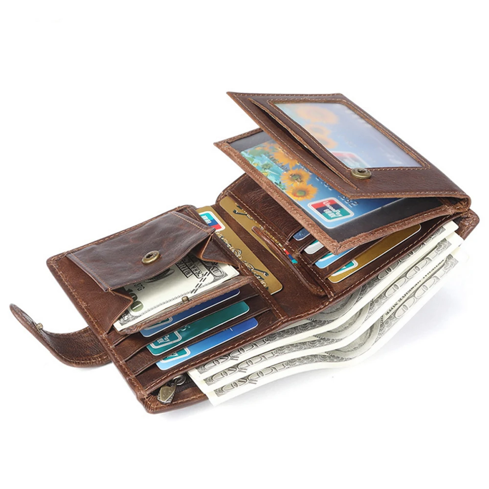 

Fashion Casual Genuine Leather Men Short Wallets Multi-function Waterproof Cowhide Wallets Vintage Multi Card Position Wallets