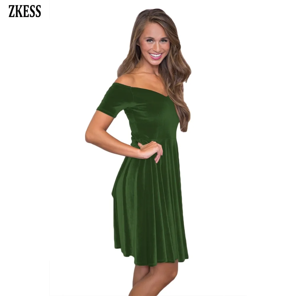Green-Velvet-Off-Shoulder-Pleated-Skater-Dress-LC61861-9-3