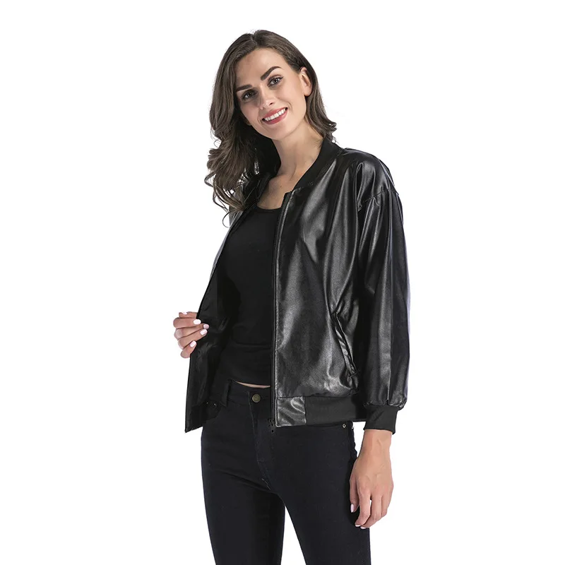 Spring Women's European And American Clothing Female Black Trend Coat Loose Stand Collar Zipper-fly Leather Short Jacket