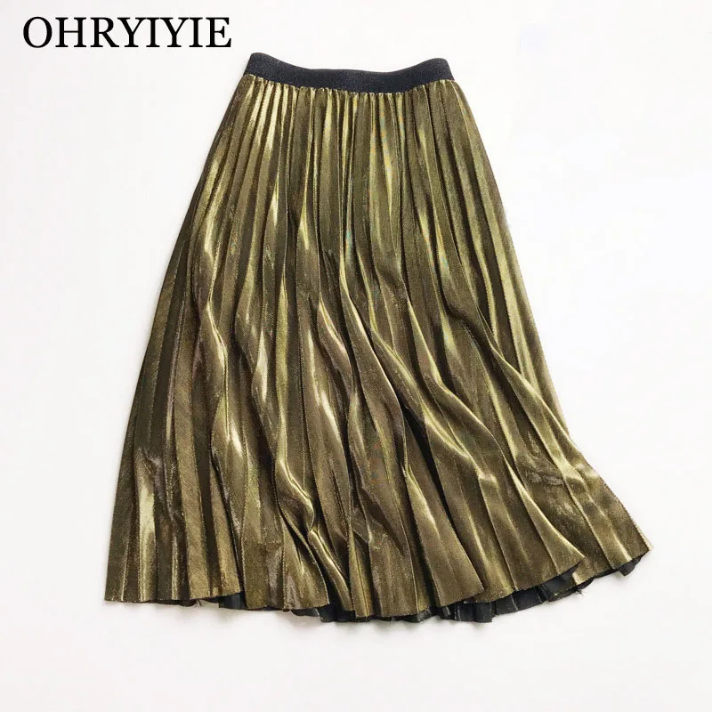 Ohryiyie/золотые юбки с пайетками для женщин, новинка года, весенне-осенняя блестящая Яркая юбка сбоку, Женская винтажная плиссированная юбка, Femme
