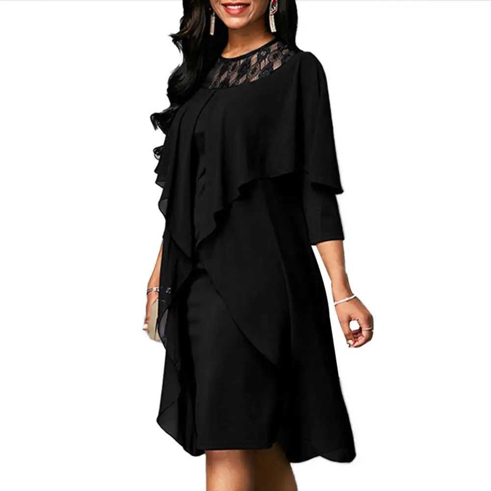 

Party Solid Color Lace Patchwork Women 3/4 Sleeve Irregular Layered Midi Dress