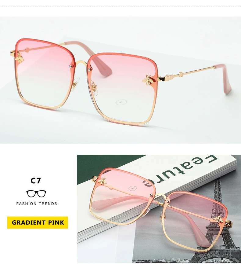 2022 New Fashion Lady Oversize Rimless Square Bee Sunglasses Women Men Small Bee Glasses Gradient Sun Glasses Female UV400 big sunglasses for women