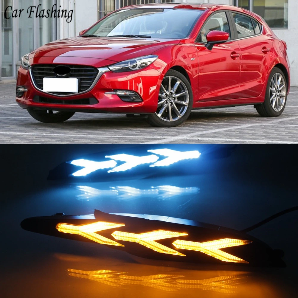 

Car flashing 1Pair DRL For Mazda 3 Axela 2017 2018 LED Daytime Running Light Fog Lamp With yellow Flowing Turning Signal light