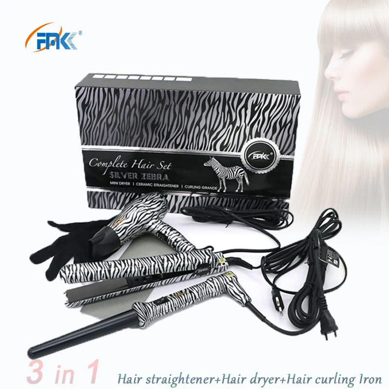 

Professional Curling Iron+Hair dryer+Hair straightener FMK Styling tools Set flat irons wand curler European plug White Zebra