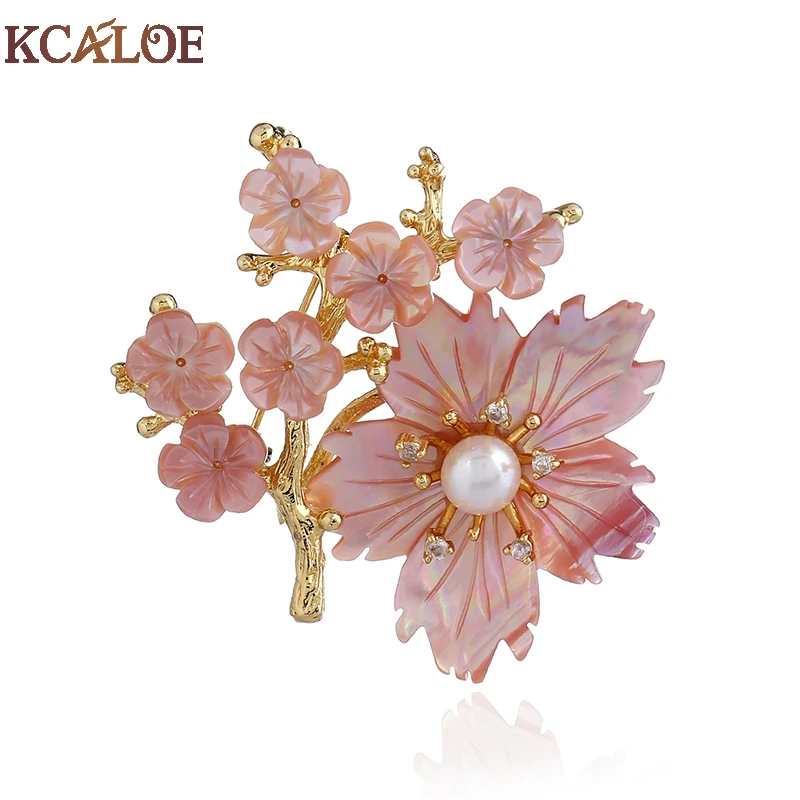 

KCALOE Pink Shell Flowers Broches Jewelry Fashion Gold Color Tree Imitation Pearl Rhinestone Brooch Metal Pin Women Accessories
