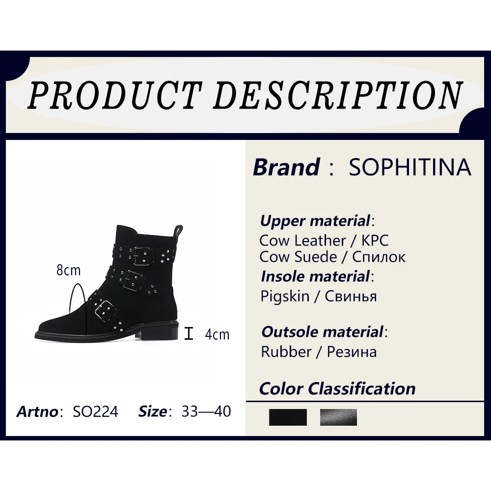 SOPHITINA New Fashion Genuine Leather Square Heel Women Boots Casual Outside Med Heel Shoes Basic Solid Ladies Ankle Boots SO224