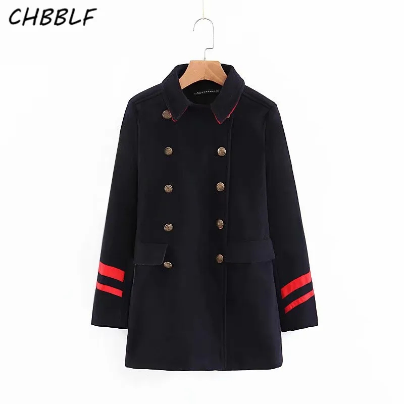 CHBBLF для женщин отложной Воротник Военная шерстяная куртка пальто двубортное пальто Модная женская верхняя одежда топы XSZ1815 - Цвет: Тёмно-синий
