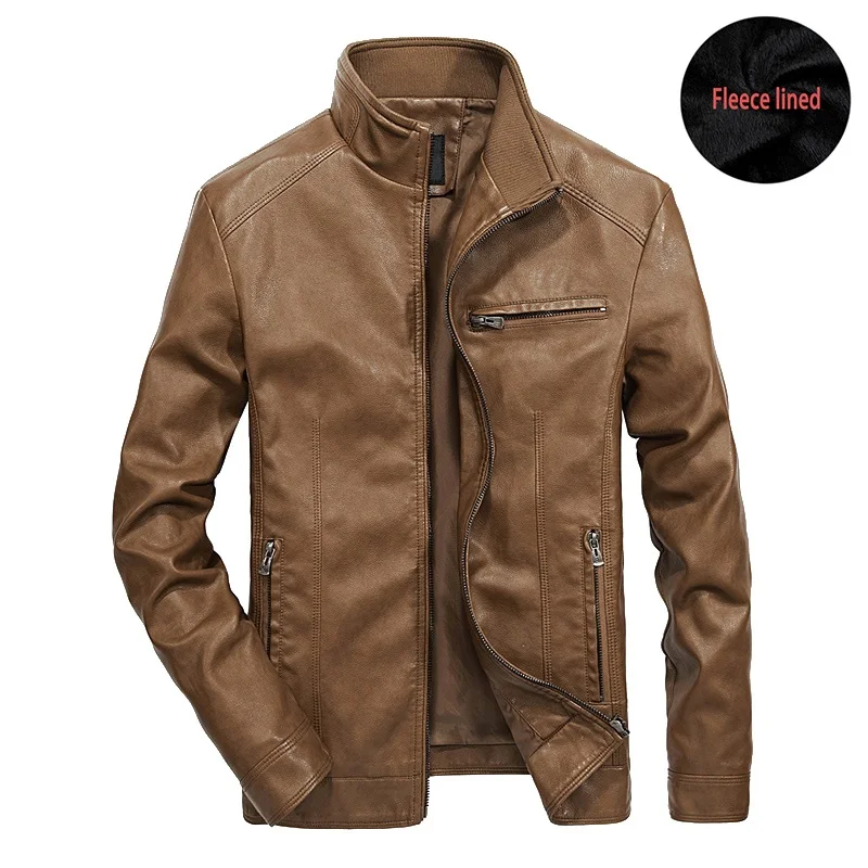 Khaki Fleece Мужская кожаная куртка, весна-осень, модная мужская куртка из искусственной кожи, мужская повседневная куртка с флисовой подкладкой, мотоциклетная куртка, верхняя одежда для мужчин - Цвет: Khaki Fleece