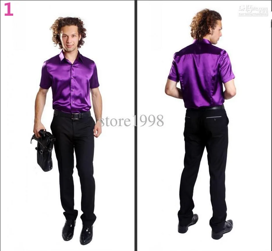 Hot Sale Men Short Sleeve Wedding Groom Silk Shirts 9 Colors Bridegroom
