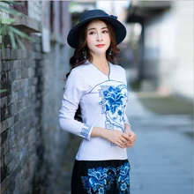 Осень Национальный Ветер Хлопковая одежда с вышивкой футболка с длинными рукавами