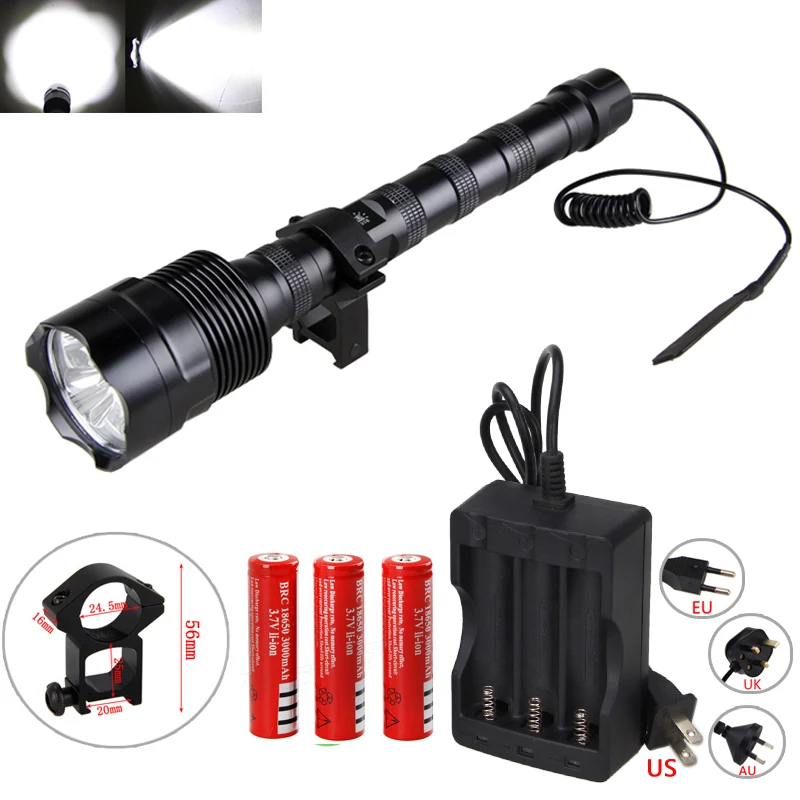 

6000 lumens Hunting Light High Powerful 3*T6 LED Tactical Flashlight+3*18650 Battery+Remote Pressure Switch+Scope Mount+Charger