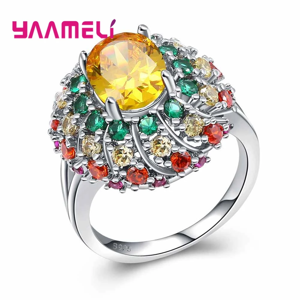 

Noble Shining Cubic Zircon Flower Design Rings 925 Sterling Silver Oval Stone for Women Wedding Party Jewelry Gifts