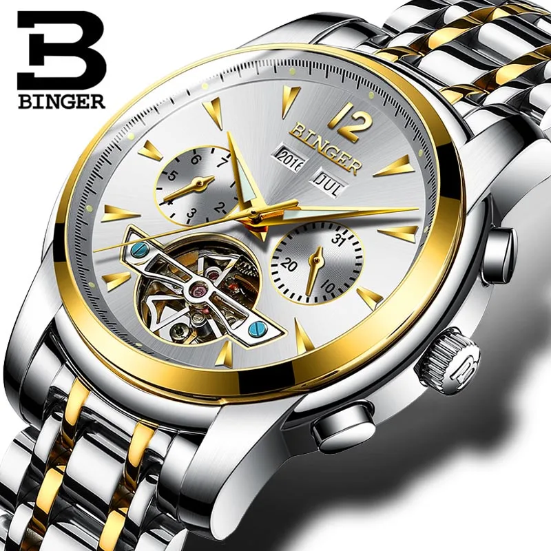 

Switzerland BINGER Watches Men Full Steel Tourbillon Sapphire Multiple Functions Waterproof Luminous Calendar Mechanical Watch