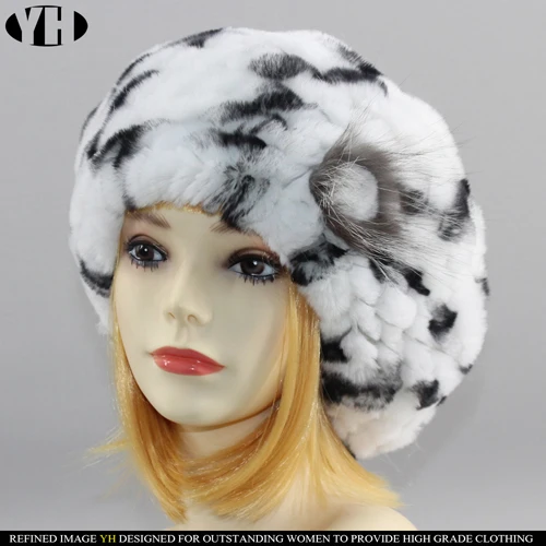 New arrive Women fur Berets real rex rabbit fur hat warm elastic flower lady fashion fullness fur cap headgear - Цвет: color 1