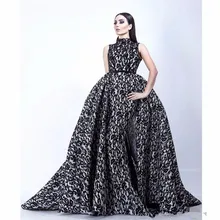 Fashion Vestidos De Formature Black and White Evening Gown High Collar Sleeveless Prom Dresses with Overskirt