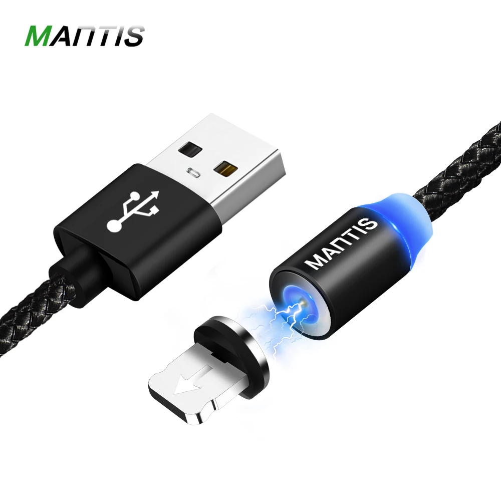 

MANTIS Magnetic Cable for iPhone XS MAX XR X 7 8 Plus Cable 1M LED Faster Charging Magnet Charger Nylon Cord 2A Phone USB Charge