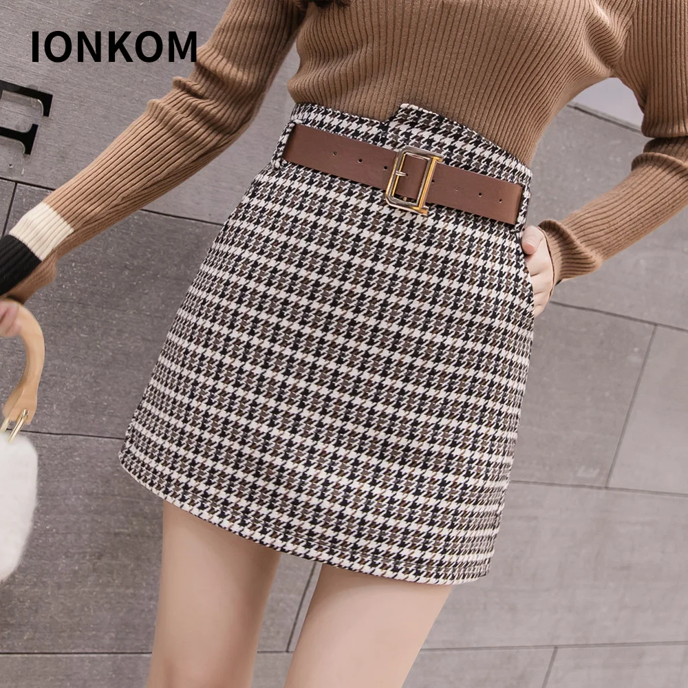 Женская клетчатая плотная мини юбка IONKOM элегантная уличная трапеция с высокой