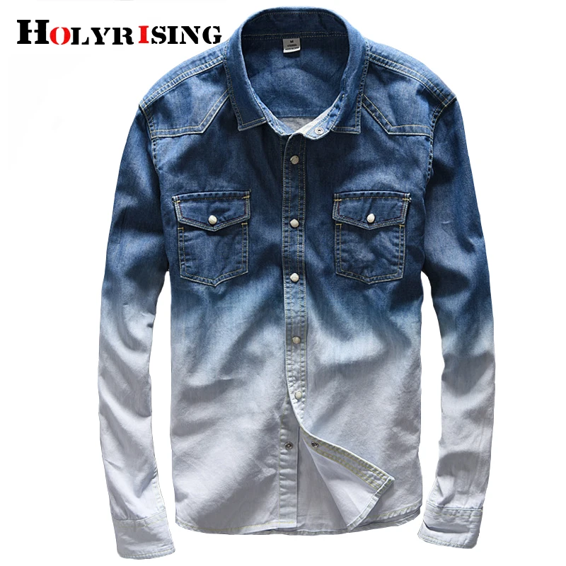 

Holyrising 100% Cotton Shirt Men jeans shirt long slim men clothes denim shirt Gradient washed denim shirt 18845-5