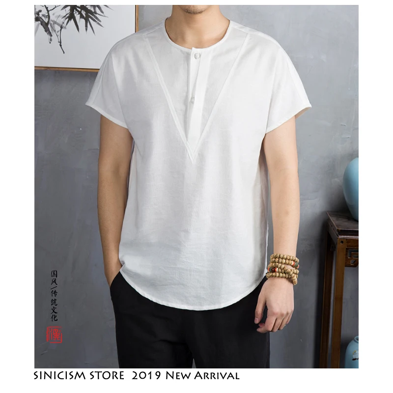 

Sinicism Store 2019 Solid Summer Vintage T-Shirts Mens Tee Male Single Button Tshirt Men Chinese Tunic Suit