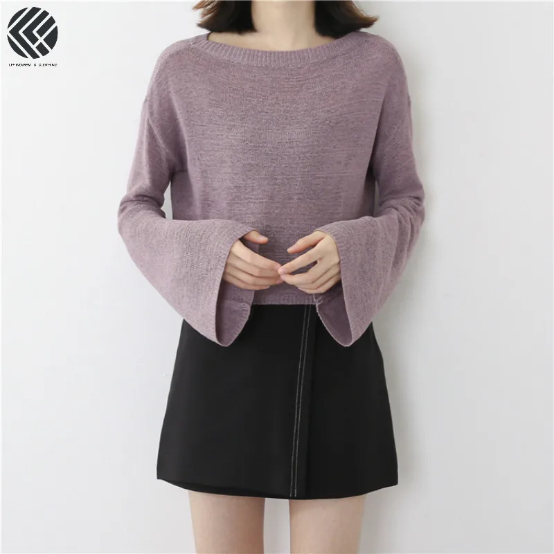 

2019 Women Fashion Solid Korea Lazy Style Short Chic Pullover Office Lady Casual Knitting Loose Round Neck Long Sleeve T-shirts