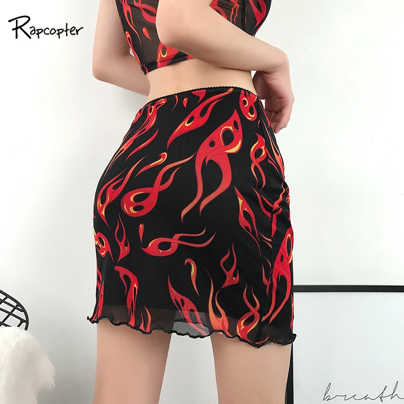 

Rapcopter Fire Printed Sexy Mesh Skirt Black High Waist Womens Bodycon Pencil Skirts Ladies Streetwear Summer Party Club 2019