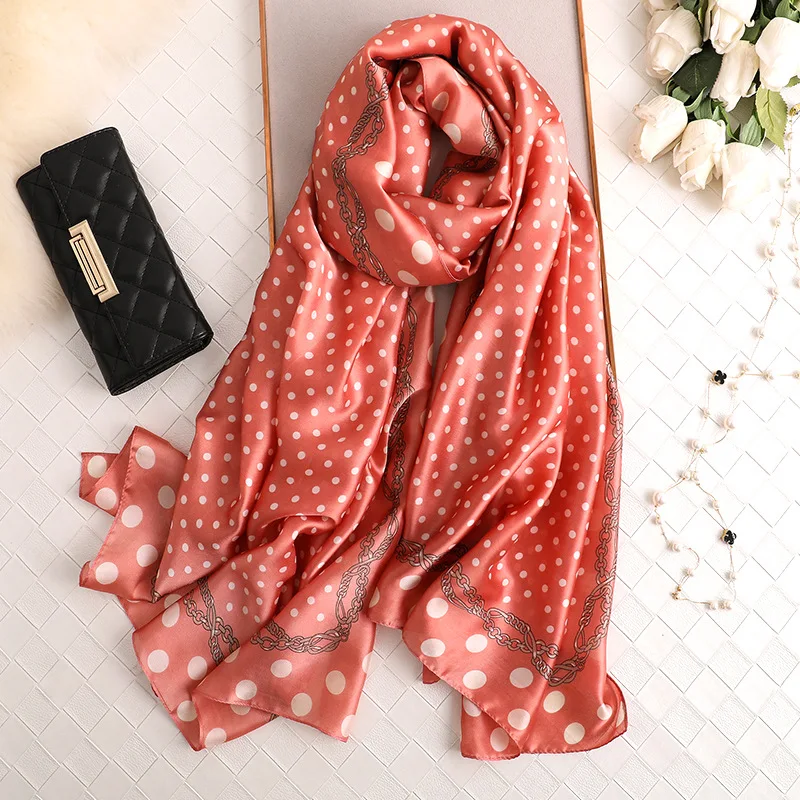 

Hot 2019 180x90cm Fashion Women Silk Bandana Luxury Brand Polka Dot Silk Scarf Female Print Head Hijab Snood Wome Foulard Shawl