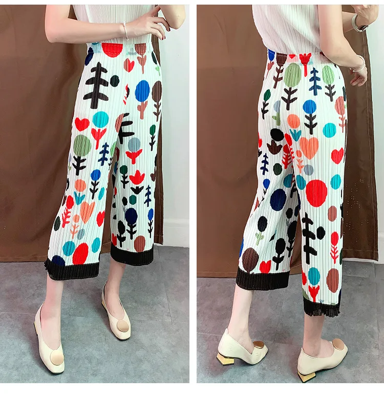 LANMREM new summer and autumn fashion women pleated Japan styles vintage clothes high waist printed trousers WH35300