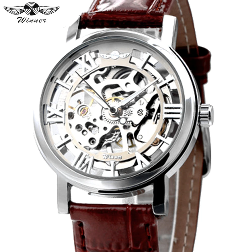 

WINNER Brand Unisex Hand Wind Mechanical Watches Skeleton Dial Fashion Roman Numerals Couple Clock