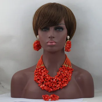 

Splendid Nigerian Bridal Jewelry Set African Coral Bib Jewelry Necklace Earrings Set For Women Coral Jewelry Free Shipping HX966