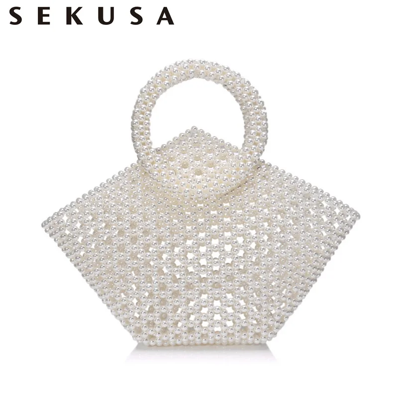 

Sekusa Beaded Women Handbags Wedding Party Evening Bags Beading Pearl Bucket Vintage Purse Fashion Clutch