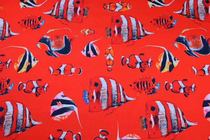 145cm Width Fashion Tropical Fish Red Imitate Cotton Or Thin Chifon Fabric for Woman Girl Summer Dress Blouse Pants DIY Sewing | Дом и сад