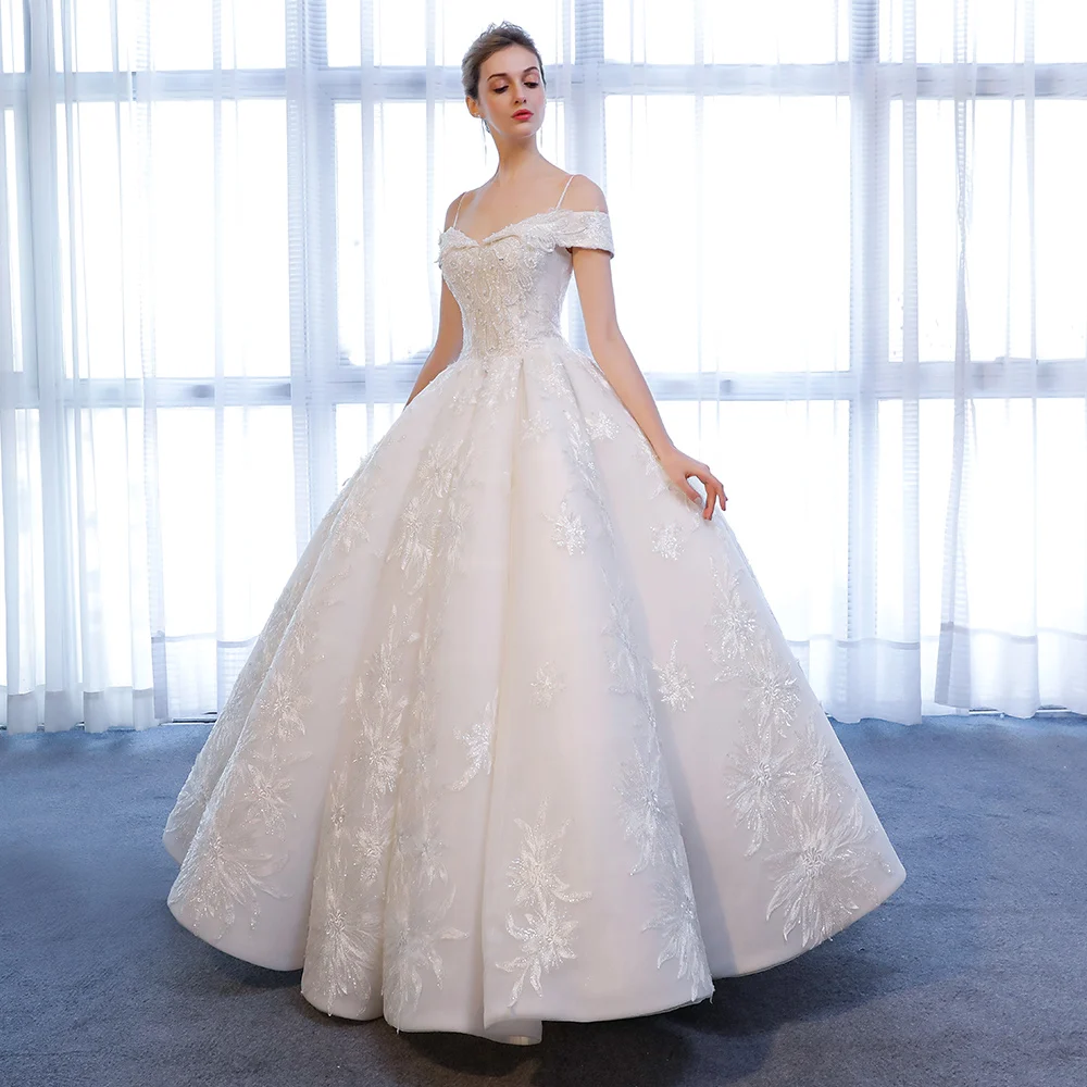 SL-9023 роскошное свадебное платье с открытыми плечами и аппликацией из кристаллов