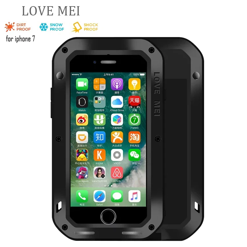 Love Mei pour iPhone 7plus 6 6 s Plus 5 5S SE Étanche Antichoc Gorille Verre Boîtier En Aluminium En Métal blindage Couverture Coque