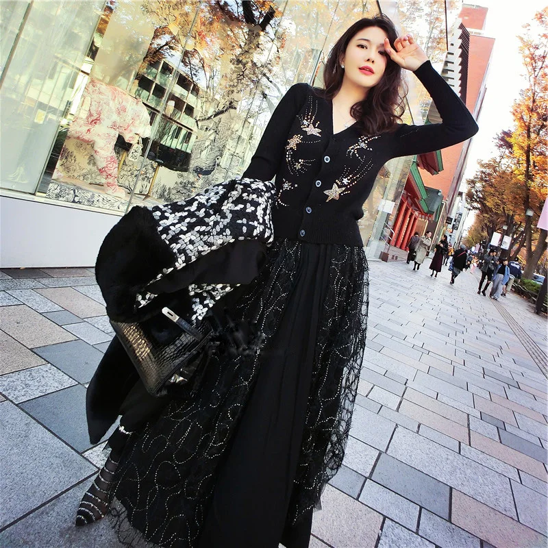 Little Black WOmen's Cardigan 2019 Spring V neck Stars Sequins Thin Slim Female Sweater Long SLeeve Knit Jumper WOmen Clothing