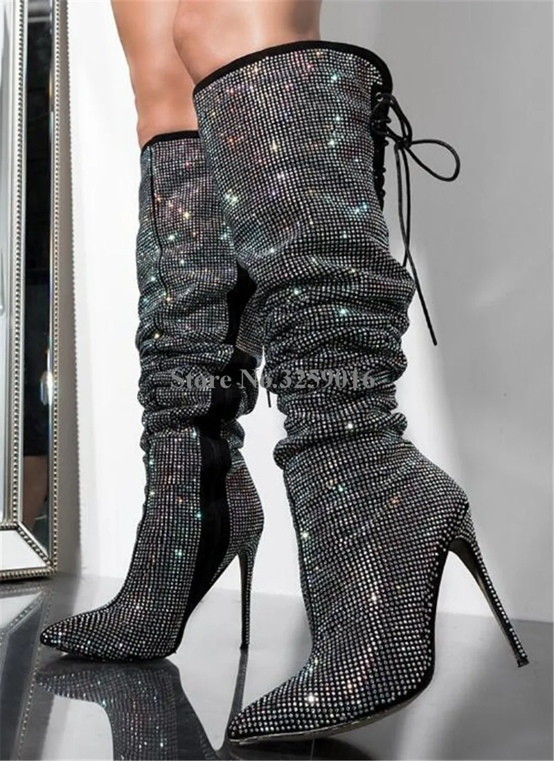 Sexy Heel Kristall up High Plissee Zurück Lange Spitz Bling Strass Stiefel Dünne Kniehohe Lace Ferse Frauen dwq76Ppnd