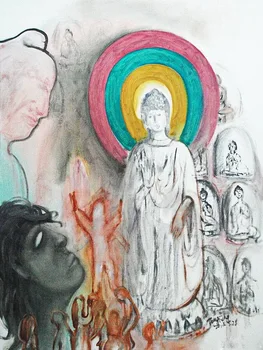 

Modern handmade painting Buddha in grotto status on oil canvas for home decor and wallpaper