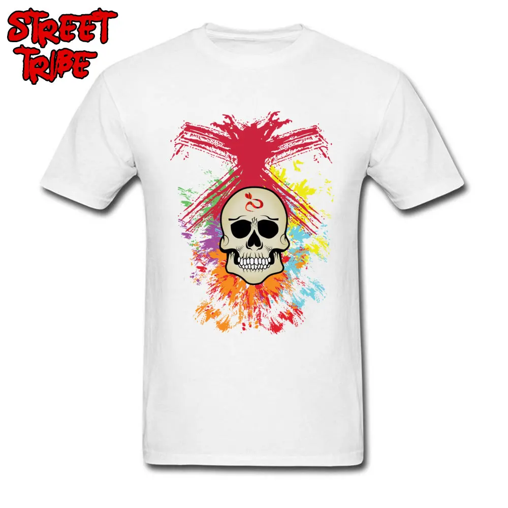 Colorful Skull Tshirts Special Short Sleeve Casual 100% Cotton O-Neck Men Tops Shirt Fitness Tight Tshirts Summer Fall Colorful Skull white
