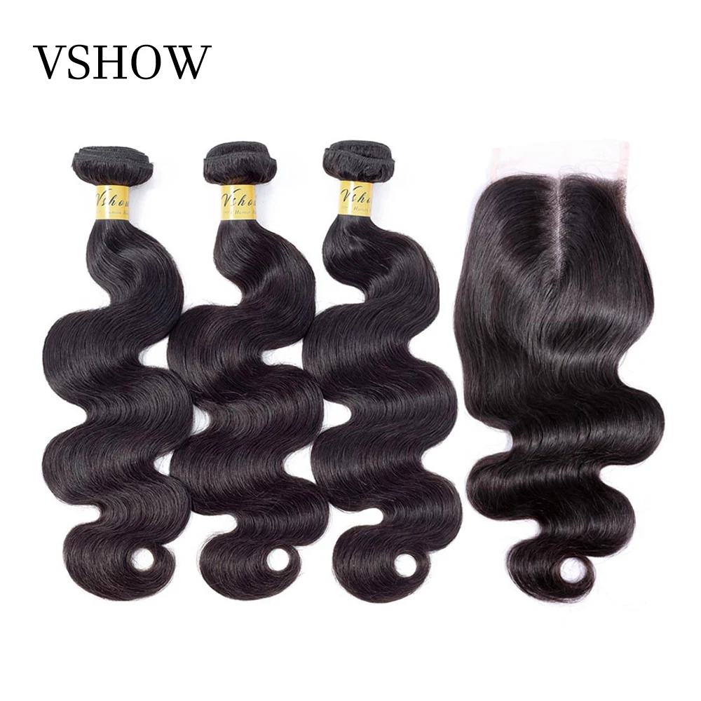 

Brazilian Body Wave Hair 3 Bundles With Closure Human Hair Bundles With Closure VSHOW Remy Hair Weaves Bundles