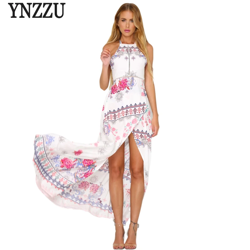 2017 New Floral Print Women Summer Halter Chiffon Long Dress Sexy White Split Backless Boho Beach Maxi Dress Vestidos AD116 long-floral-maxi