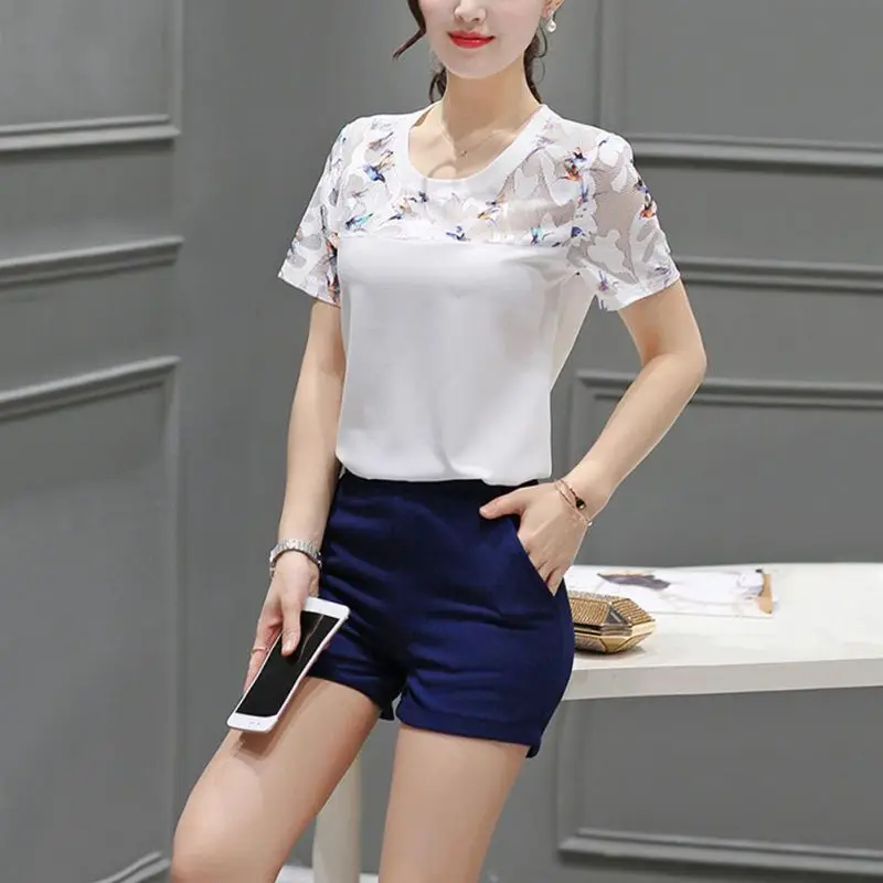 

ROPALIA White Bird Print Mesh Insert Top Women Summer Casual Blouses and Tops Round Neck Short Sleeve Slim Blouse