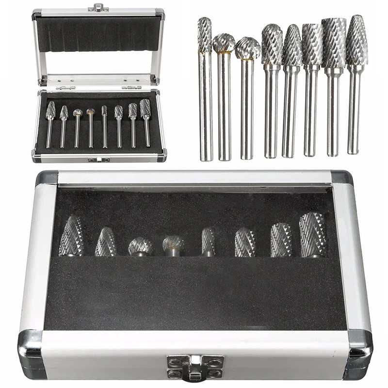 8PCS x 1/4'' Shank Double Cut Carbide Burr Die Grinding Rotary Bit Set W/Case