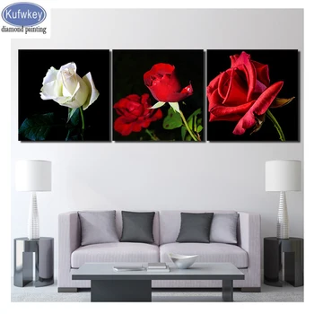 

Full square/round,Diamond Embroidery,5D,Diamond Painting 3 Pieces Beautiful White And Red Rose Flowers Mosaic,Needlework,Crafts