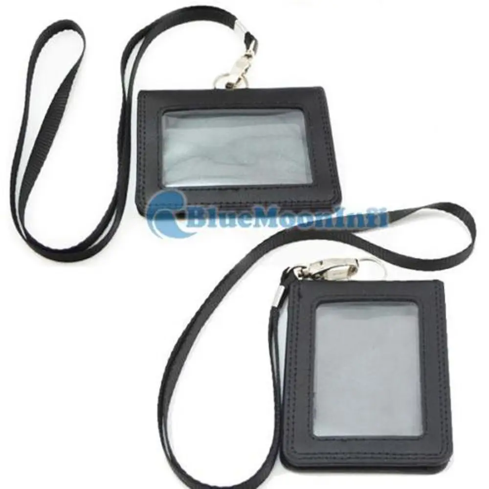 

1 Set / Lot Genuine leather ID Card Badge Holder Business Office Vertical Horizontal Black With Clasp Neck Band Strap Lanyard