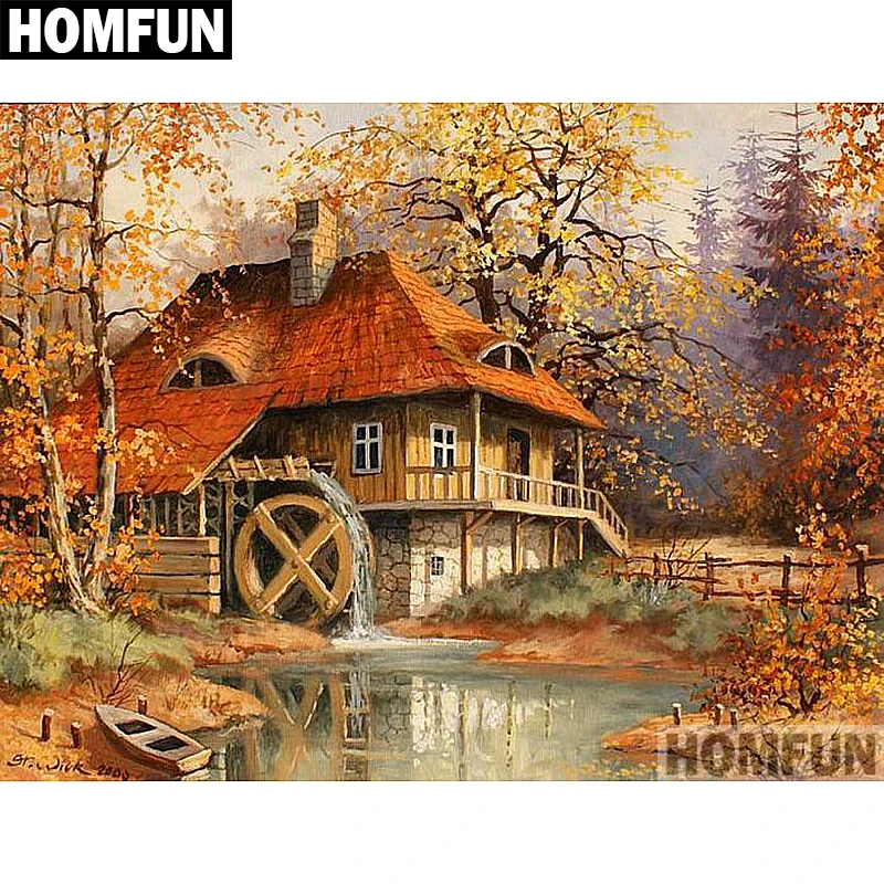 Алмазная живопись HOMFUN A06586 полноразмерная/круглая вышивка Осенний пейзаж 5D для