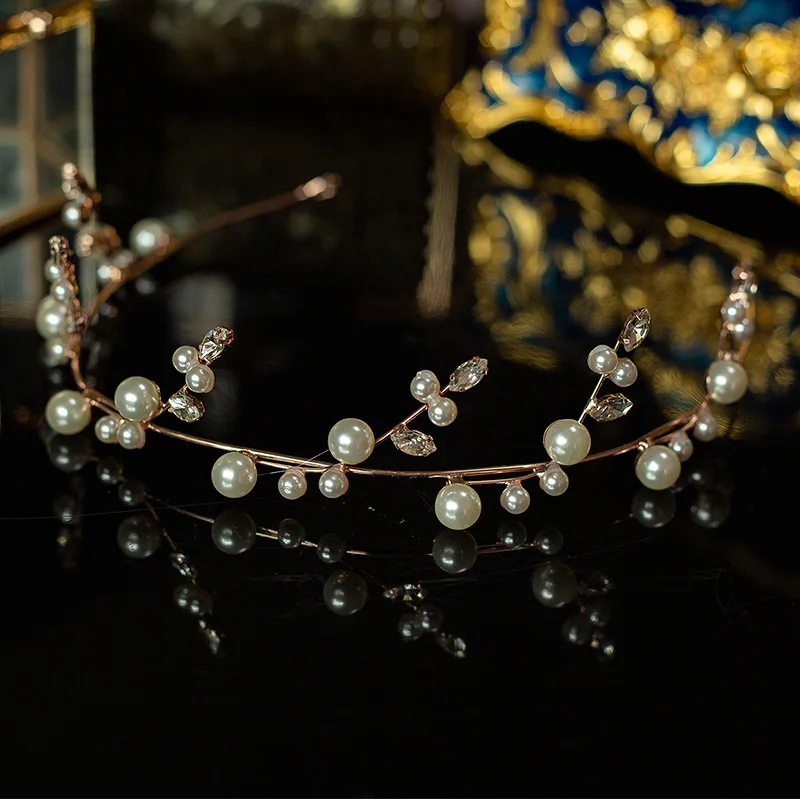 

Gold Rhinestone Zirconia Bridal Hairbands Wedding Hair Accessories Pearl Headband Women Party Jewelry Girl Headpiece Crown