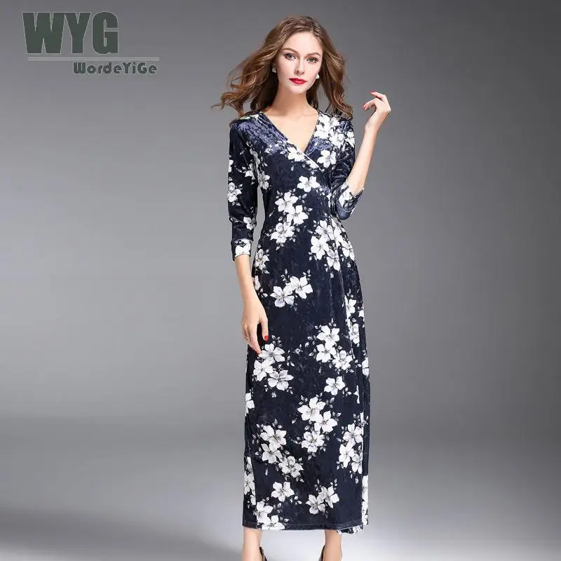 Navy Blue Long Sleeve Floral Velvet Maxi Dress 2017 Autumn Elegant Kimono European Pajamas Style Long Dress long-floral-maxi : image Navy Blue Long Sleeve Floral Velvet Maxi Dress 2017 Autumn Elegant Kimono European Pajamas Style Long Dress long-floral-maxi