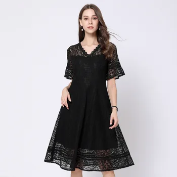 

Summer Fashion elegant black lace dress petal sleeve V neck pinched waist slim party dress Casual vestidos Plus Size tunic 5XL