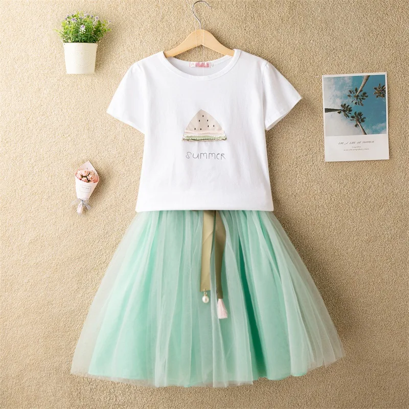 Casual Teenage Girls Clothing Summer New Children Sets Short Sleeve Tshirt Princess Tule Skirt Kids Suit For Girls Outfits 2 Pcs (1)