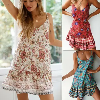 

Women Summer Casual Sleeveless Evening Party Beach Floral Dress Short Mini Dress